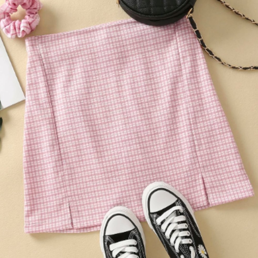 Split Hem Pink Plaid A-Line Skirt, NWOT